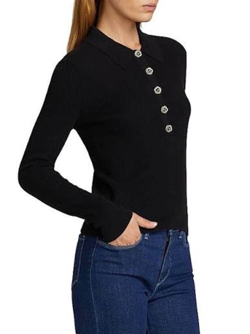 L'agence Knit Collared Sterling Jeweled Button Sweater Black
